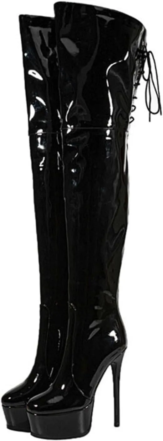 12cm Large Size Thick Bottom Patent Leather Over-the-Knee Boots Round Toe Back Zipper Lace-up Women's Boots