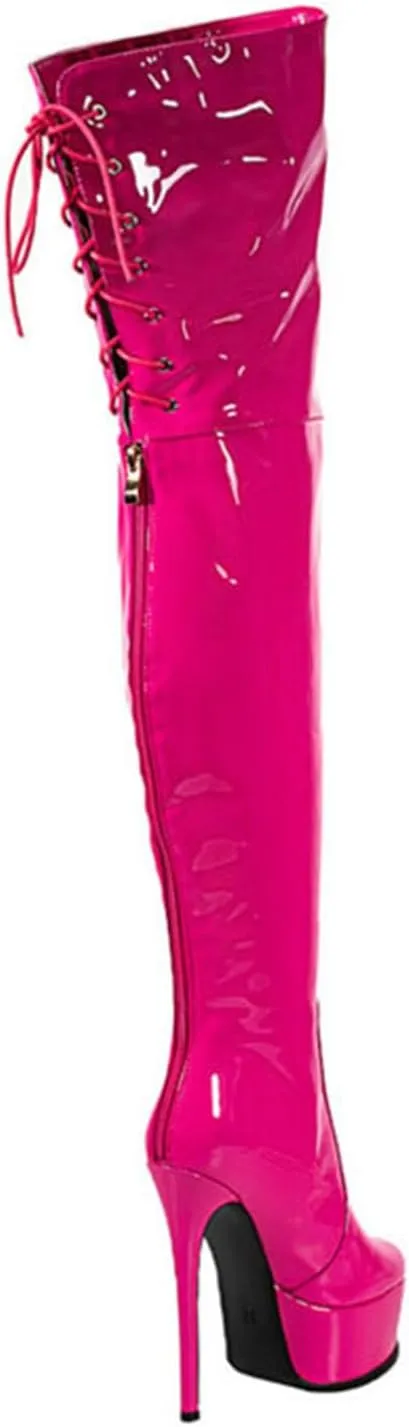 12cm Large Size Thick Bottom Patent Leather Over-the-Knee Boots Round Toe Back Zipper Lace-up Women's Boots