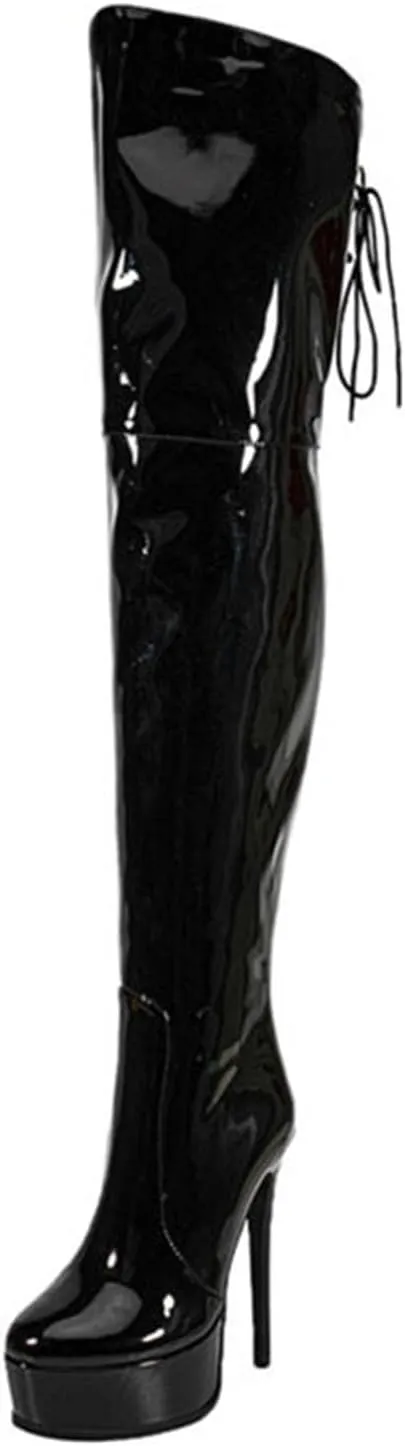 12cm Large Size Thick Bottom Patent Leather Over-the-Knee Boots Round Toe Back Zipper Lace-up Women's Boots