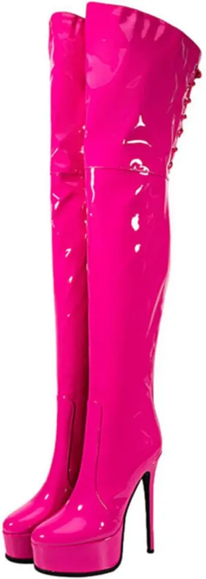 12cm Large Size Thick Bottom Patent Leather Over-the-Knee Boots Round Toe Back Zipper Lace-up Women's Boots