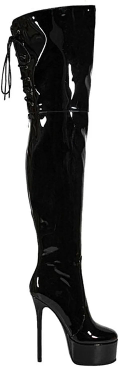 12cm Large Size Thick Bottom Patent Leather Over-the-Knee Boots Round Toe Back Zipper Lace-up Women's Boots