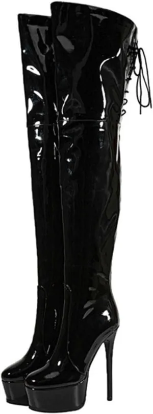 12cm Large Size Thick Bottom Patent Leather Over-the-Knee Boots Round Toe Back Zipper Lace-up Women's Boots