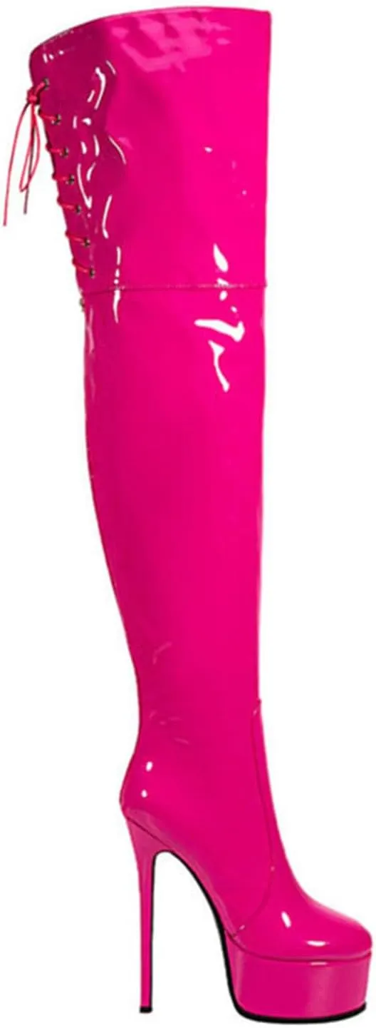 12cm Large Size Thick Bottom Patent Leather Over-the-Knee Boots Round Toe Back Zipper Lace-up Women's Boots