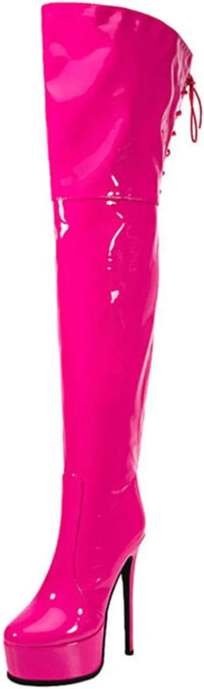 12cm Large Size Thick Bottom Patent Leather Over-the-Knee Boots Round Toe Back Zipper Lace-up Women's Boots