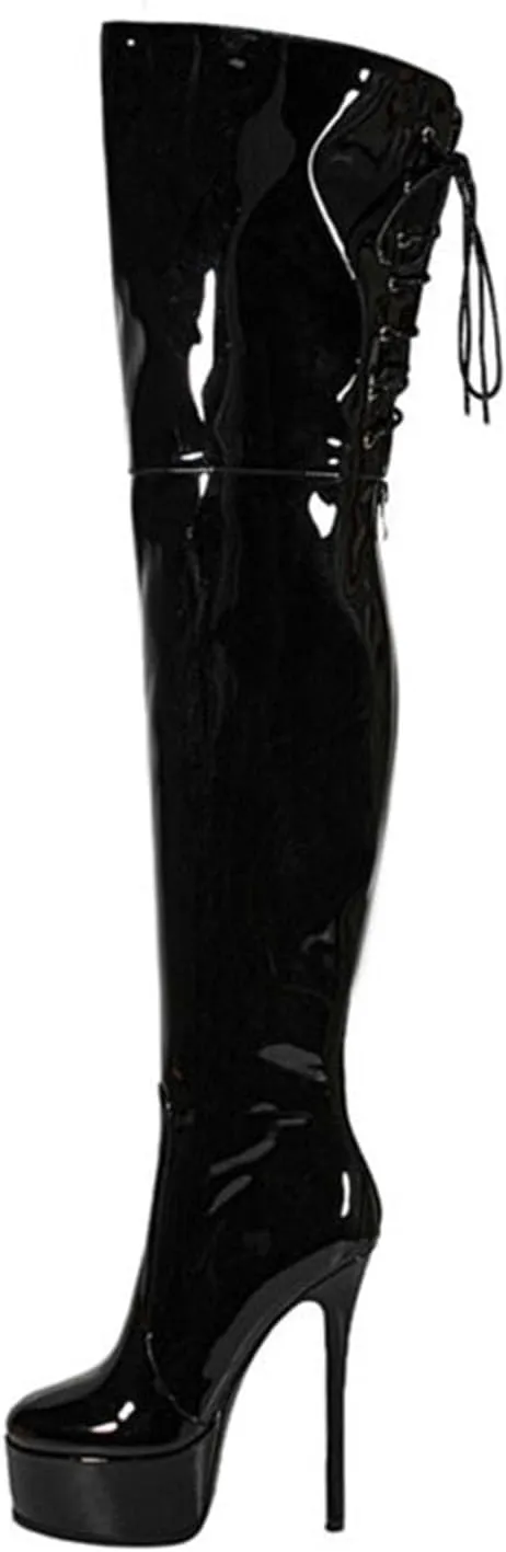 12cm Large Size Thick Bottom Patent Leather Over-the-Knee Boots Round Toe Back Zipper Lace-up Women's Boots