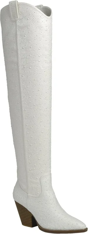 ABSOLEX Women Western Cowgirl Cowboy Pointed Toe Rhinestone Mid-Calf Over the Knee Boots