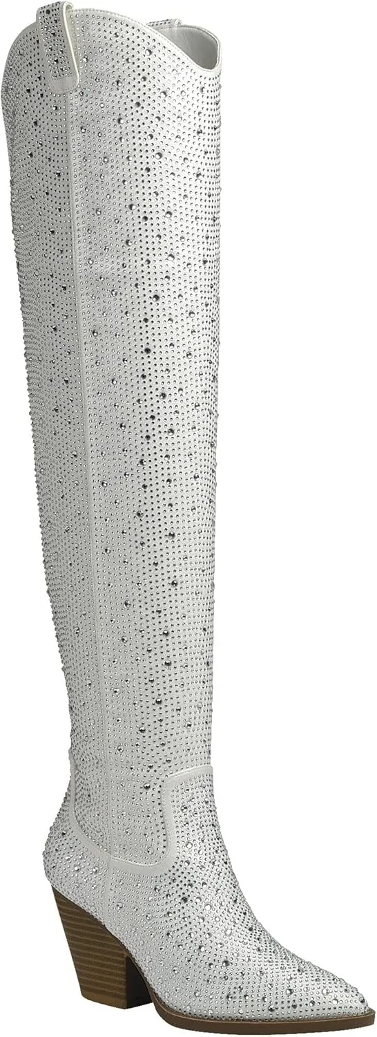 ABSOLEX Women Western Cowgirl Cowboy Pointed Toe Rhinestone Mid-Calf Over the Knee Boots