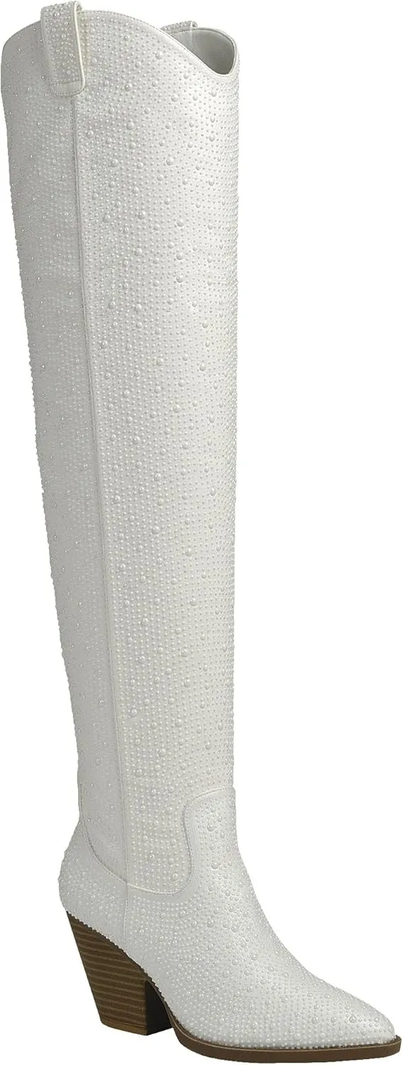 ABSOLEX Women Western Cowgirl Cowboy Pointed Toe Rhinestone Mid-Calf Over the Knee Boots