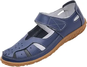 AngryMonkey Women's Summer Casual Flat Leather Sandals,Comfort Closed Toe Orthopedic Softsole Hook Loop Beach Mary Jane Shoes