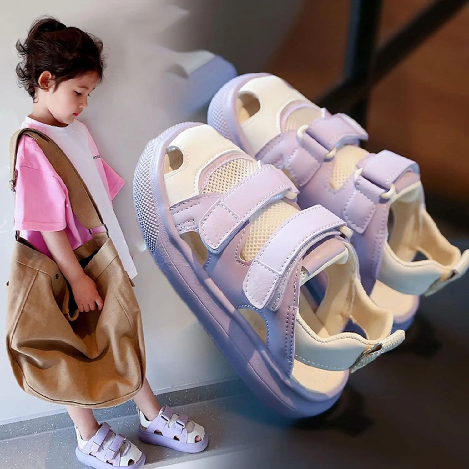 Baby Kids Girls Athletic Soft Bottom Closed Toe Sandal Mesh Casual Sports Beach Toddler Hook & Loop Shoes