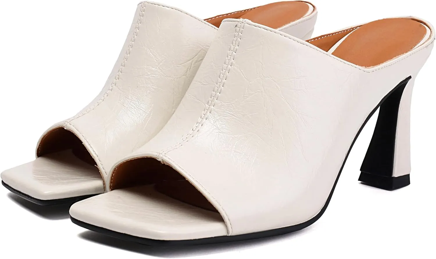 BEAUPAS Women's Open Square Toe Mule Sandals Chunky High Heel Slip On