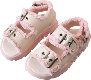 Big Kids Girl Black Hairy Edge Adjustable Ankle Sandals Width Soft Bottom Casual Buckle Princess Shoes