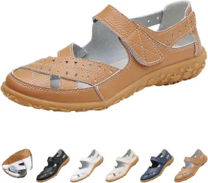 BlackeEight Women's Leather Woven Closed Toe Sandals,Casual Comfy Orthotic Softsole Hook Loop Ankle Strap Cutout Mary Jane Shoes (11,Brown,11,Women)