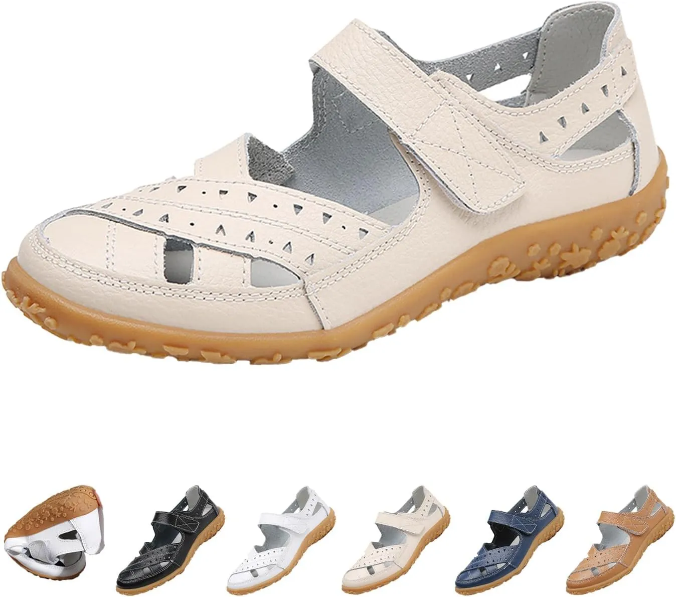 BlackeEight Women's Leather Woven Closed Toe Sandals,Casual Comfy Orthotic Softsole Hook Loop Ankle Strap Cutout Mary Jane Shoes (8.5,Beige,8.5,Women)