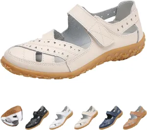 BlackeEight Women's Leather Woven Closed Toe Sandals,Casual Comfy Orthotic Softsole Hook Loop Ankle Strap Cutout Mary Jane Shoes (8.5,Beige,8.5,Women)