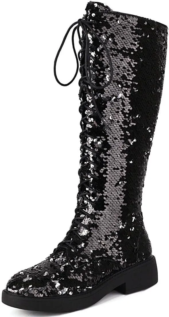 Caradise Glitter Sparkly Low Heel Thigh High Combat Boots Sequin Flat Over The Knee Boots