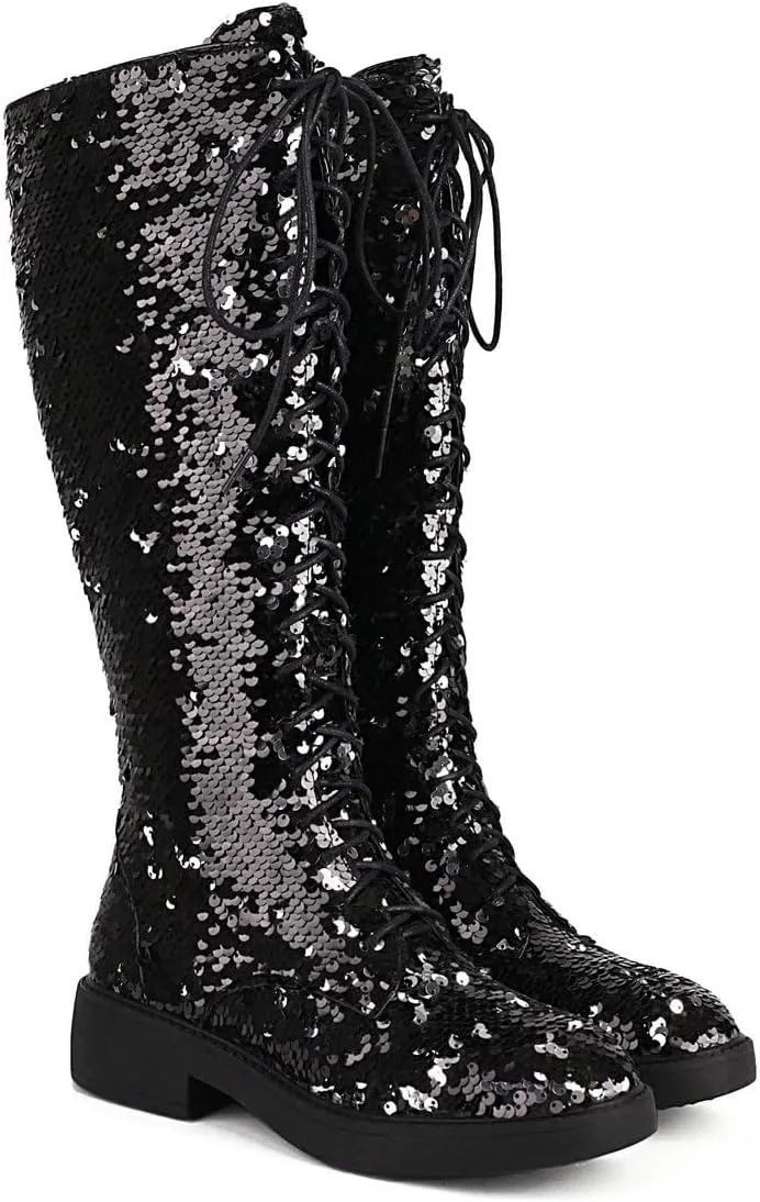 Caradise Glitter Sparkly Low Heel Thigh High Combat Boots Sequin Flat Over The Knee Boots