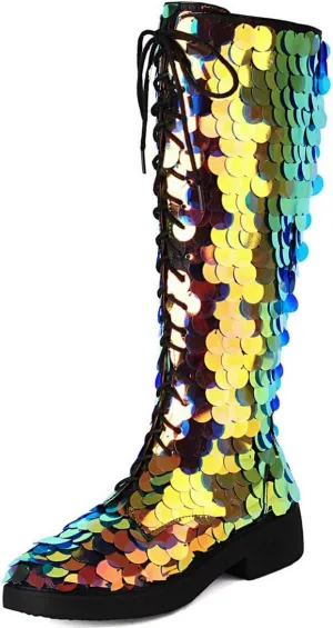 Caradise Glitter Sparkly Low Heel Thigh High Combat Boots Sequin Flat Over The Knee Boots
