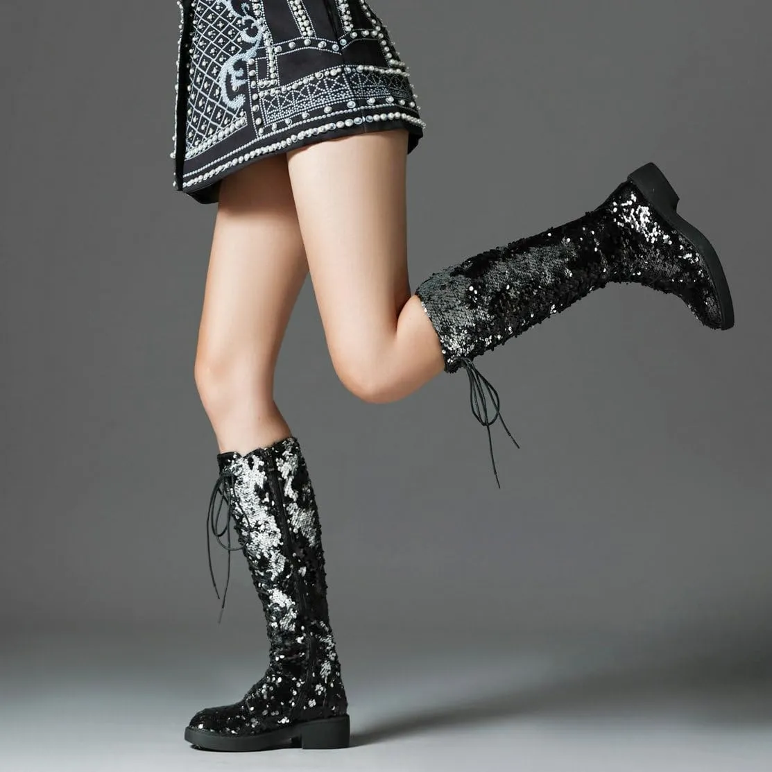 Caradise Glitter Sparkly Low Heel Thigh High Combat Boots Sequin Flat Over The Knee Boots