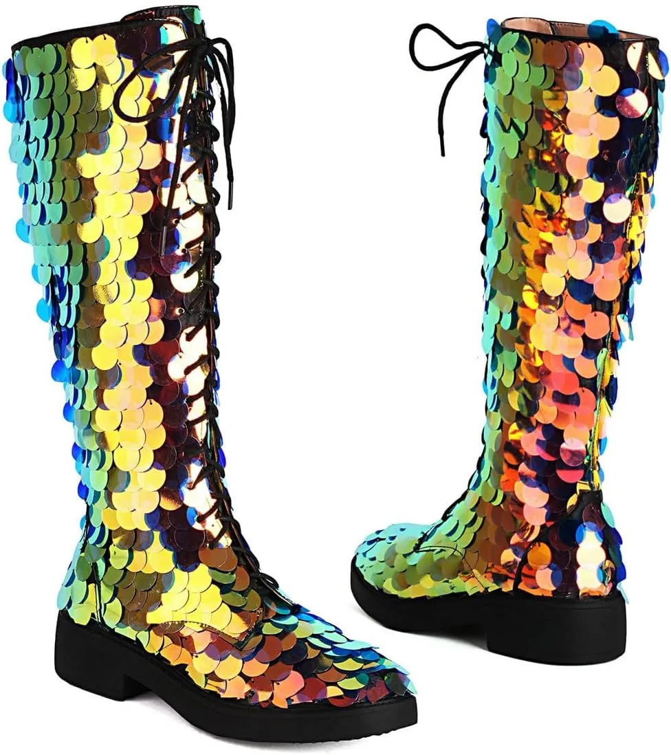 Caradise Glitter Sparkly Low Heel Thigh High Combat Boots Sequin Flat Over The Knee Boots