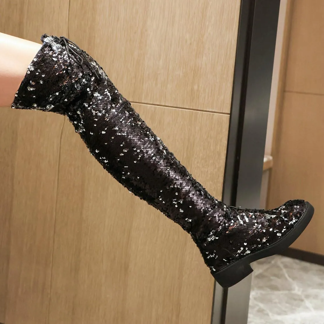 Caradise Glitter Sparkly Low Heel Thigh High Combat Boots Sequin Flat Over The Knee Boots