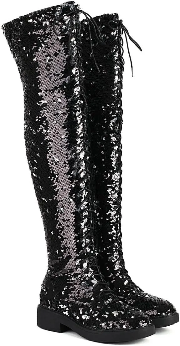 Caradise Glitter Sparkly Low Heel Thigh High Combat Boots Sequin Flat Over The Knee Boots