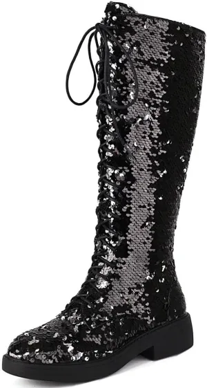Caradise Glitter Sparkly Low Heel Thigh High Combat Boots Sequin Flat Over The Knee Boots