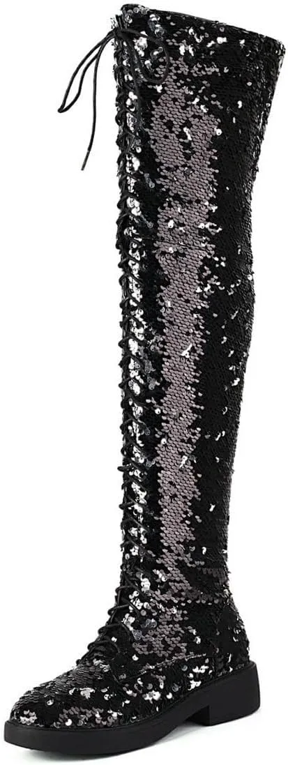 Caradise Glitter Sparkly Low Heel Thigh High Combat Boots Sequin Flat Over The Knee Boots