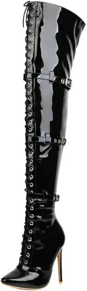 Caradise Womens Gothic Strappy Buckle Patent Lace Up Thigh High Stiletto Pointed Over The Knee Boots