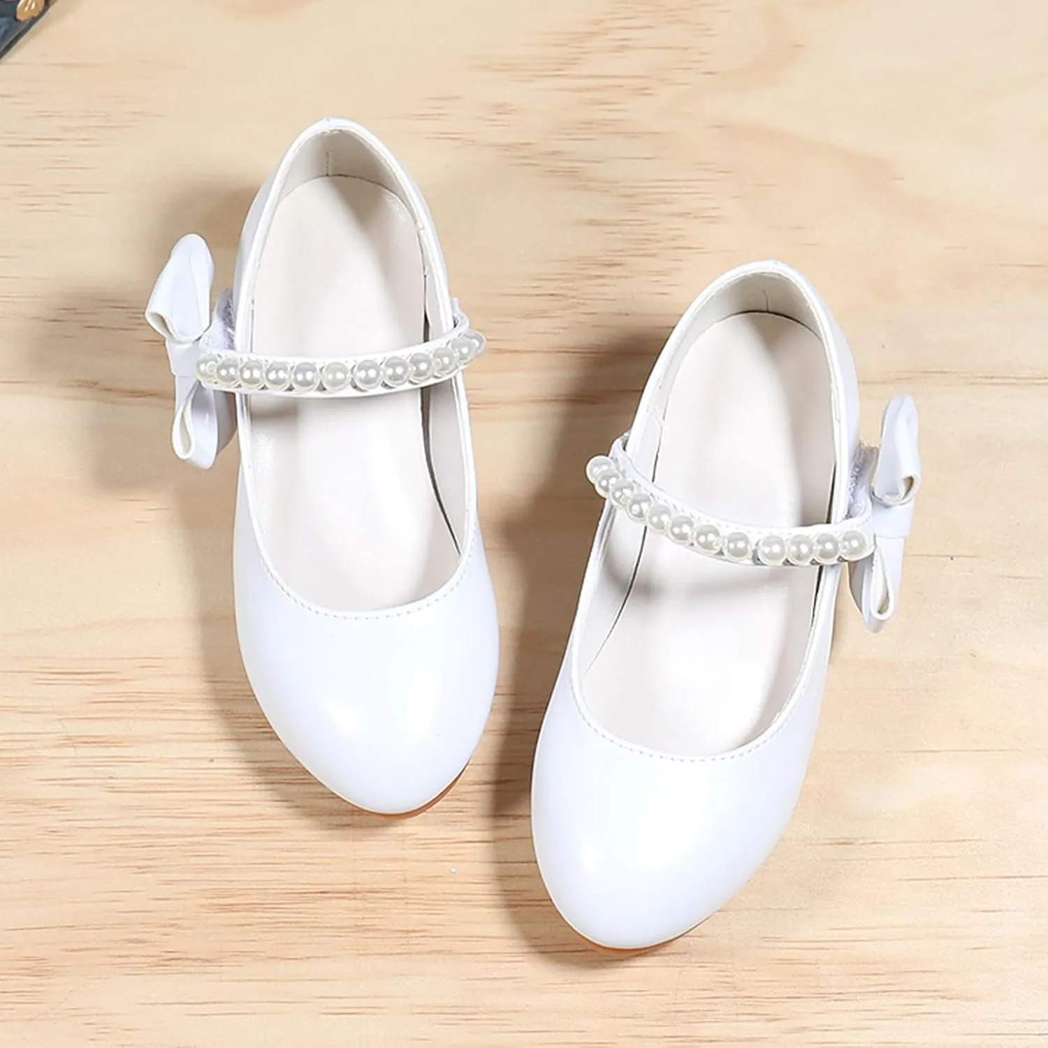 Children Shoes Children Leather Shoes White Bow Knot Spring Autumn Gir High Heel Princess Shoes Pearl Big Kid Sneaker
