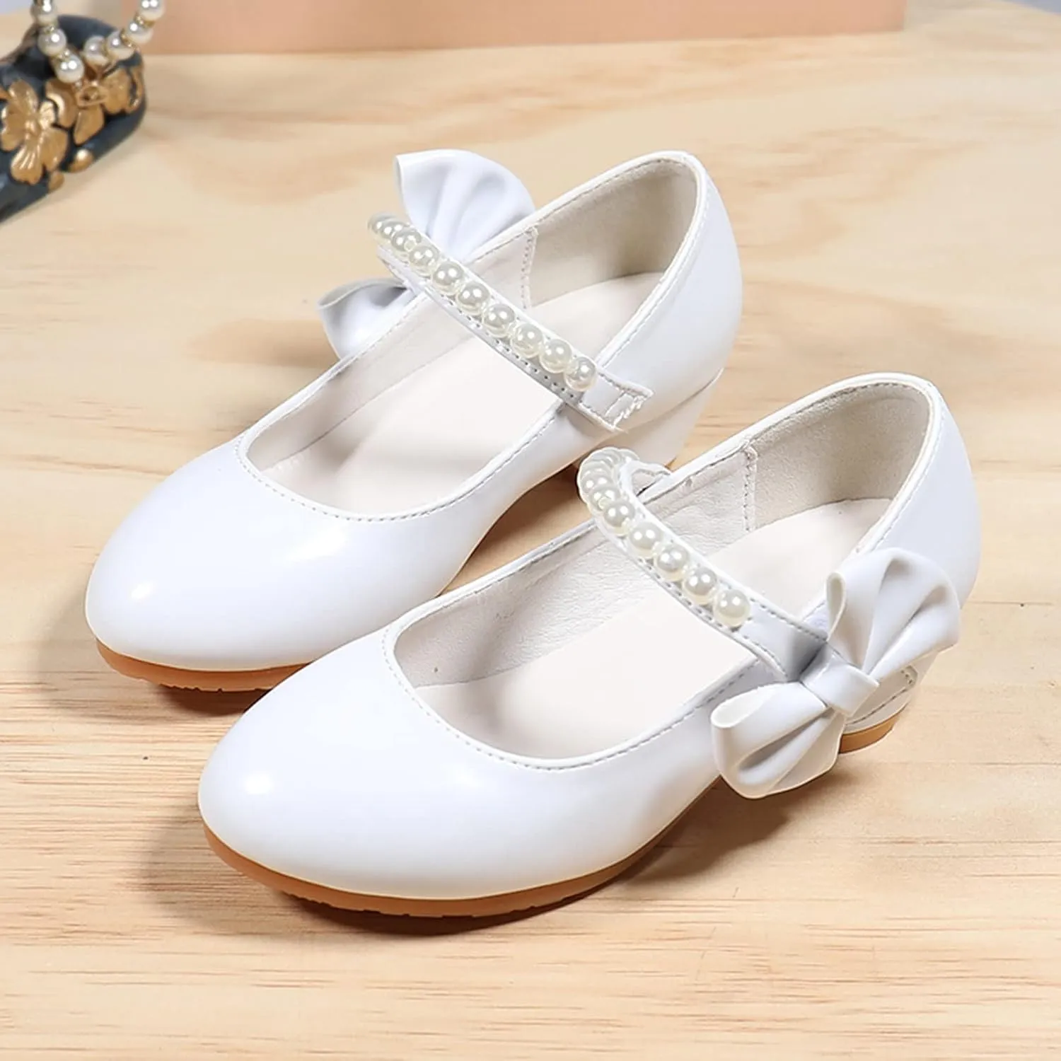 Children Shoes Children Leather Shoes White Bow Knot Spring Autumn Gir High Heel Princess Shoes Pearl Big Kid Sneaker