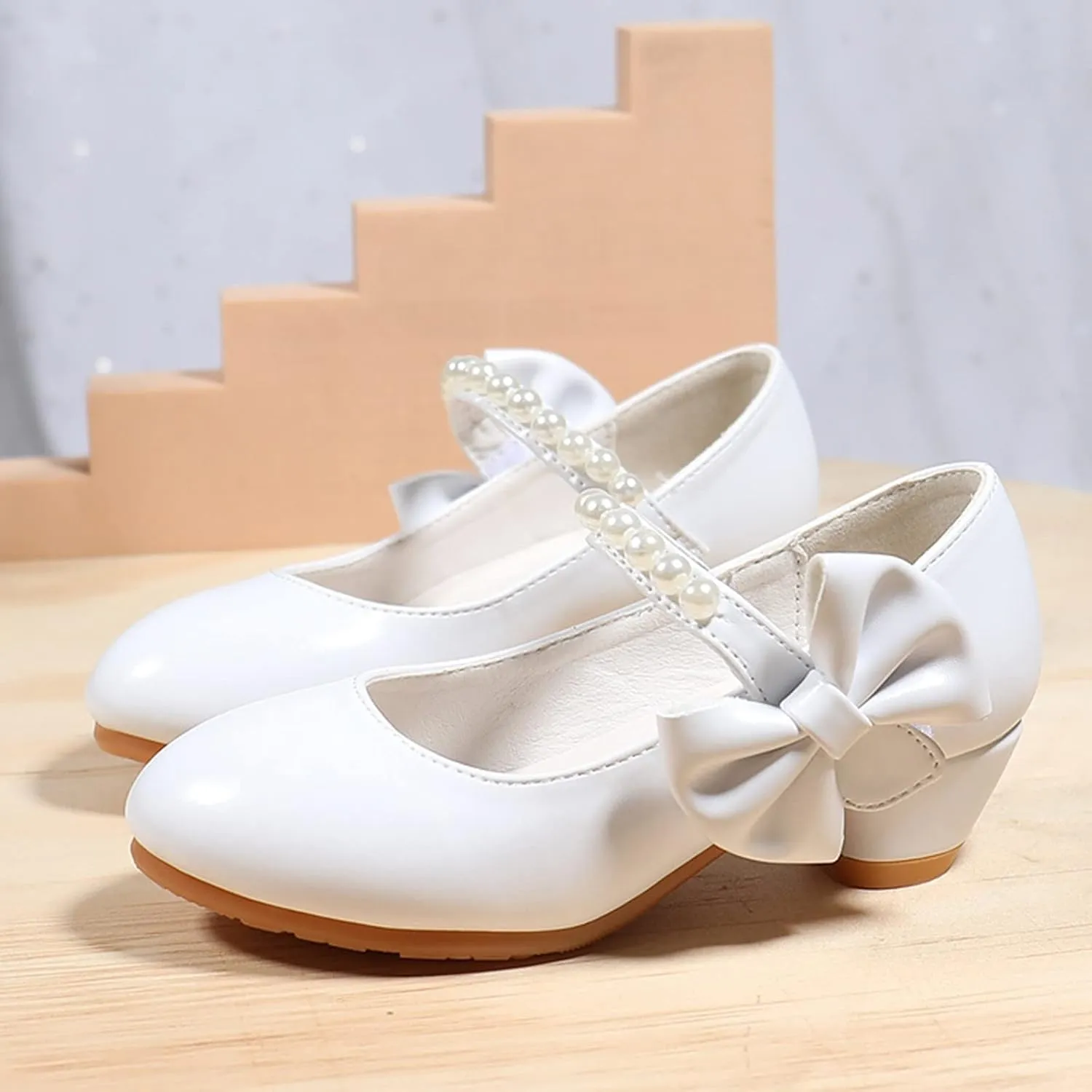 Children Shoes Children Leather Shoes White Bow Knot Spring Autumn Gir High Heel Princess Shoes Pearl Big Kid Sneaker
