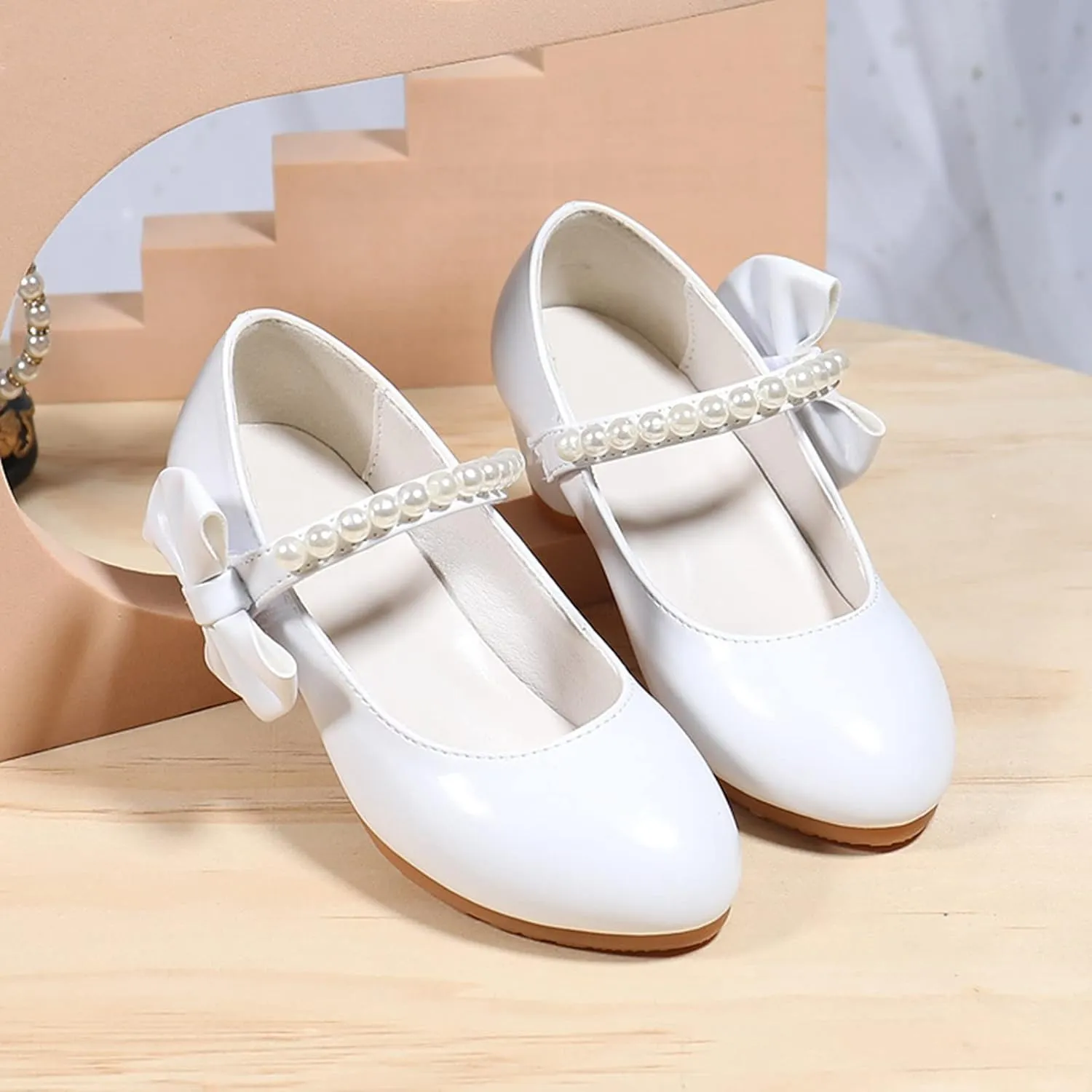 Children Shoes Children Leather Shoes White Bow Knot Spring Autumn Gir High Heel Princess Shoes Pearl Big Kid Sneaker