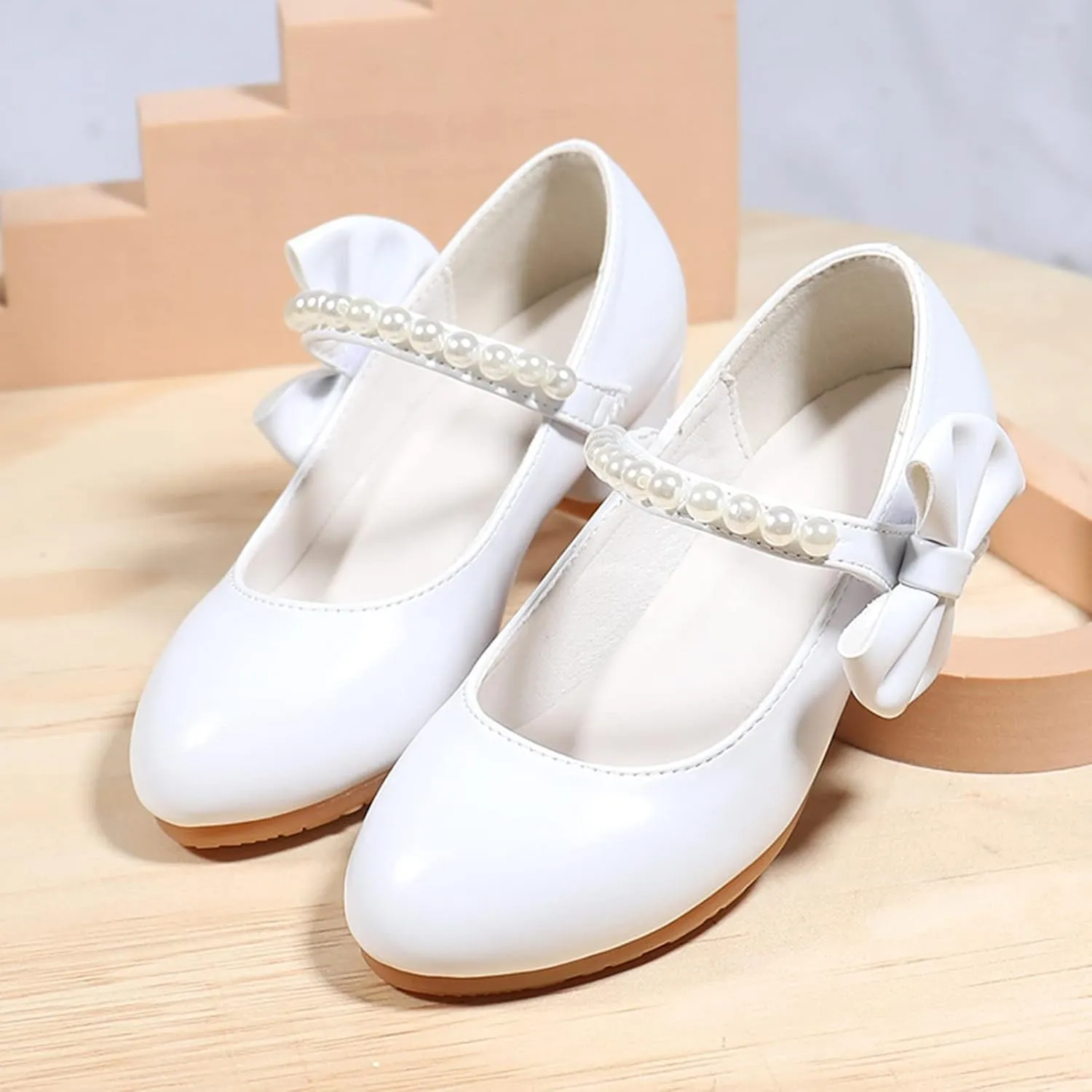 Children Shoes Children Leather Shoes White Bow Knot Spring Autumn Gir High Heel Princess Shoes Pearl Big Kid Sneaker