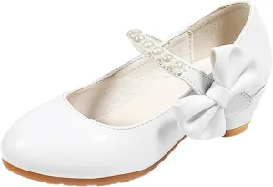 Children Shoes Children Leather Shoes White Bow Knot Spring Autumn Gir High Heel Princess Shoes Pearl Big Kid Sneaker