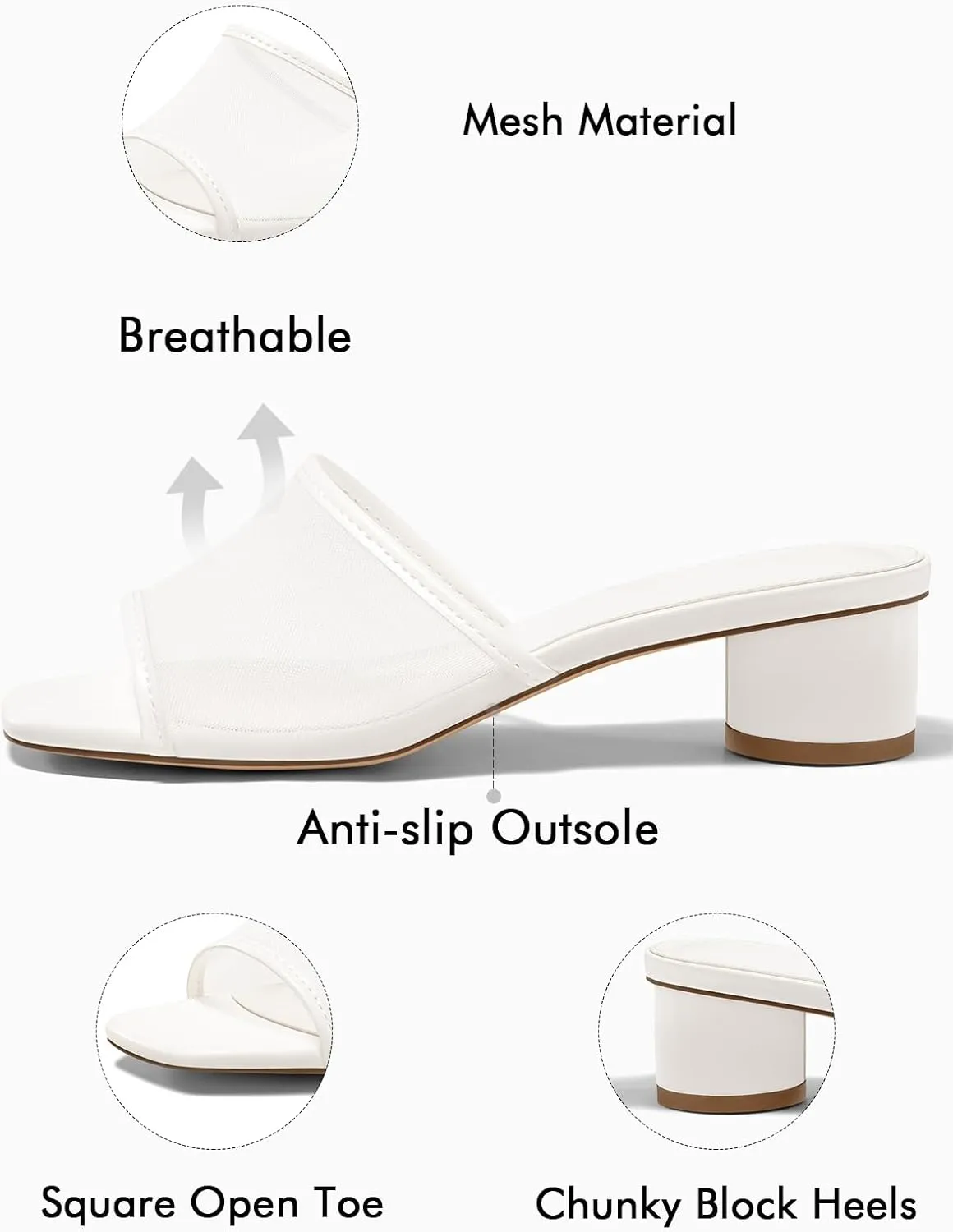 Coutgo Womens Slide Sandals Mesh Chunky Heels Mules Square Open Toe Slip On Summer Dress Shoes