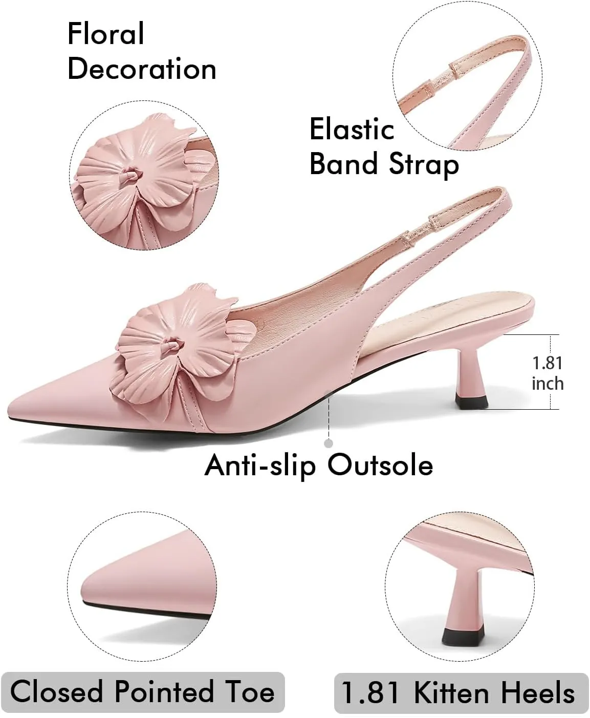 Coutgo Womens Slingback Kitten Heels Flower Closed Pointed Toe Pumps Wedding Party Dress Sandals Shoes