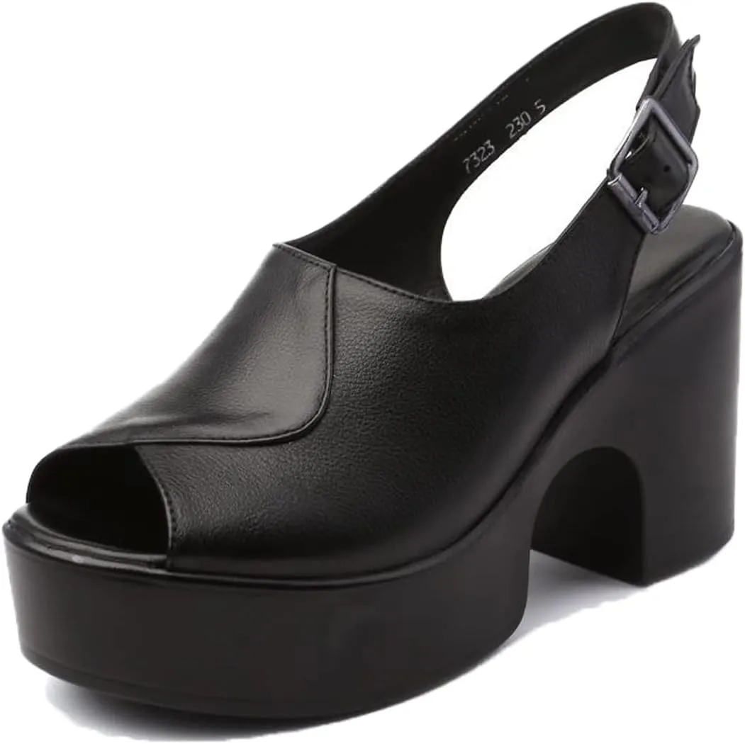 DirraBra Women's Fashion Fish Mouth Open Toe Chunky Heel Sandals with Adjustable Ankle Strap Slip On Platform Sandals Backless Outdoor Casual Beach Heightening Shoes