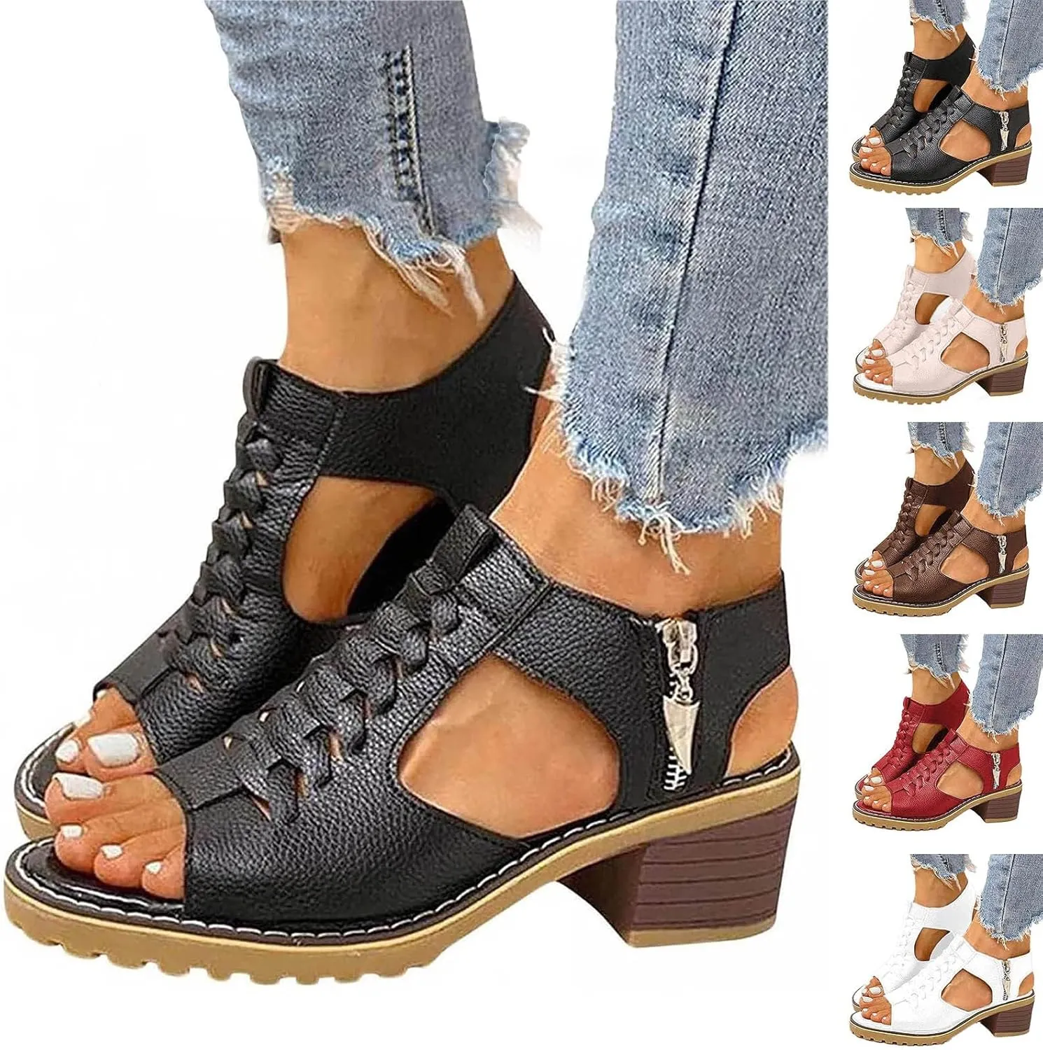 Eduavar Summer Sandals for Women, Women Sandals Dressy Leather Peep Toe Cutout Zipper Chunky Heeled Sandals