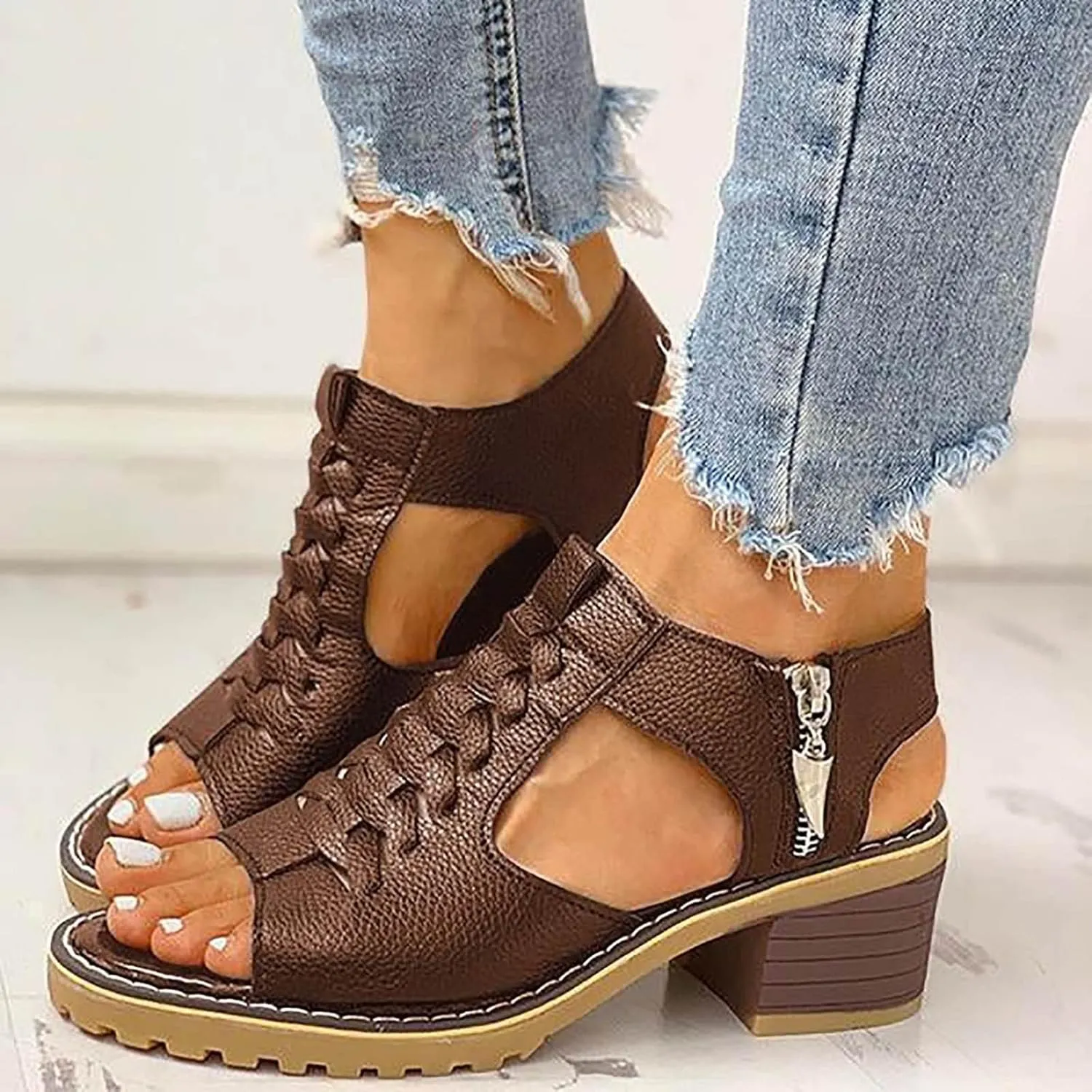 Eduavar Summer Sandals for Women, Women Sandals Dressy Leather Peep Toe Cutout Zipper Chunky Heeled Sandals