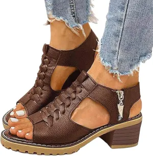 Eduavar Summer Sandals for Women, Women Sandals Dressy Leather Peep Toe Cutout Zipper Chunky Heeled Sandals