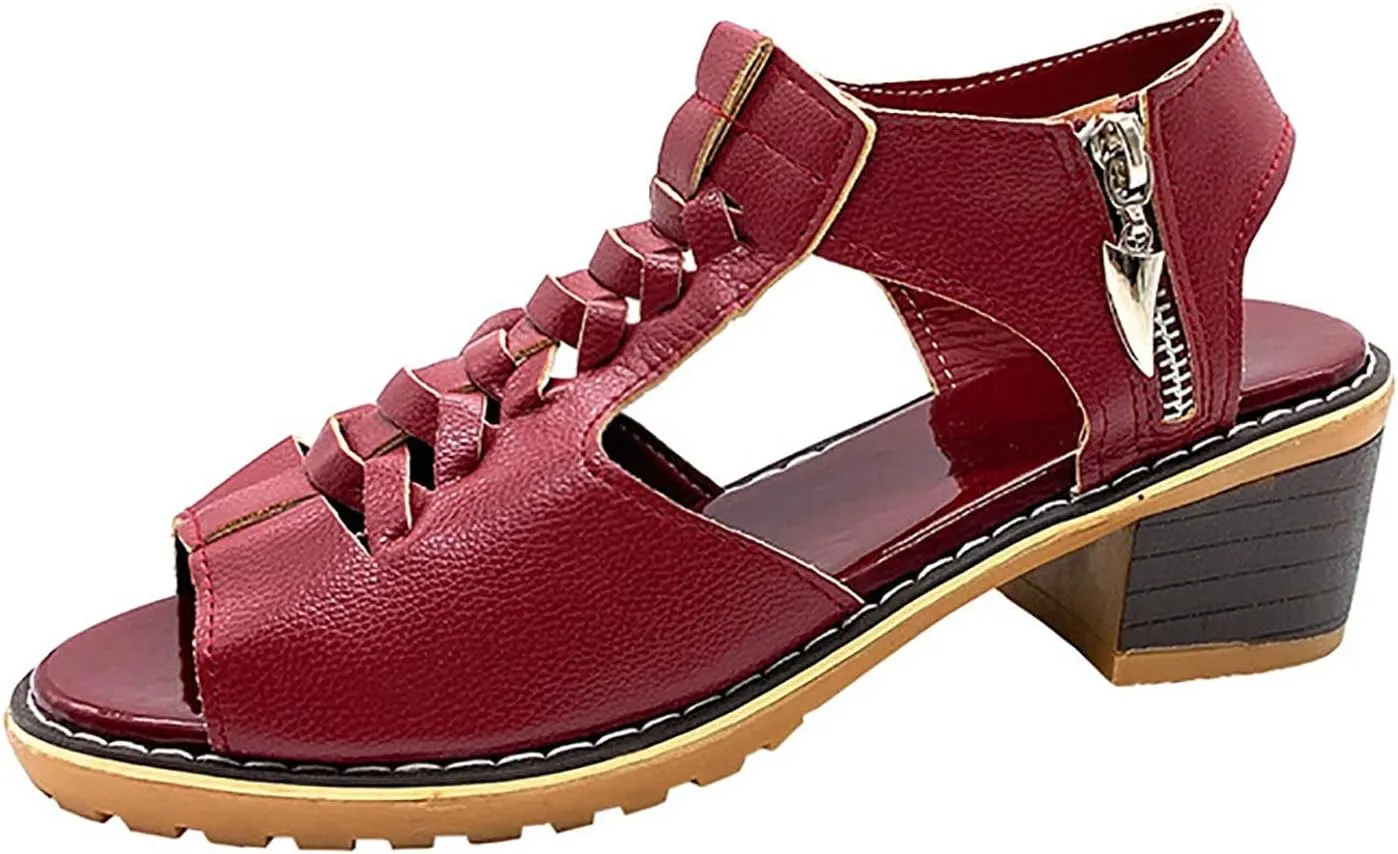 Eduavar Summer Sandals for Women, Women Sandals Dressy Leather Peep Toe Cutout Zipper Chunky Heeled Sandals