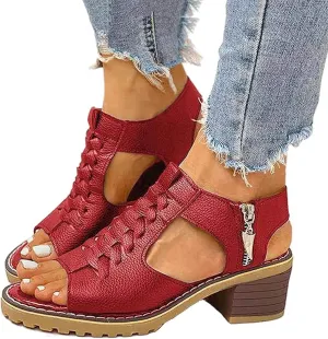 Eduavar Summer Sandals for Women, Women Sandals Dressy Leather Peep Toe Cutout Zipper Chunky Heeled Sandals