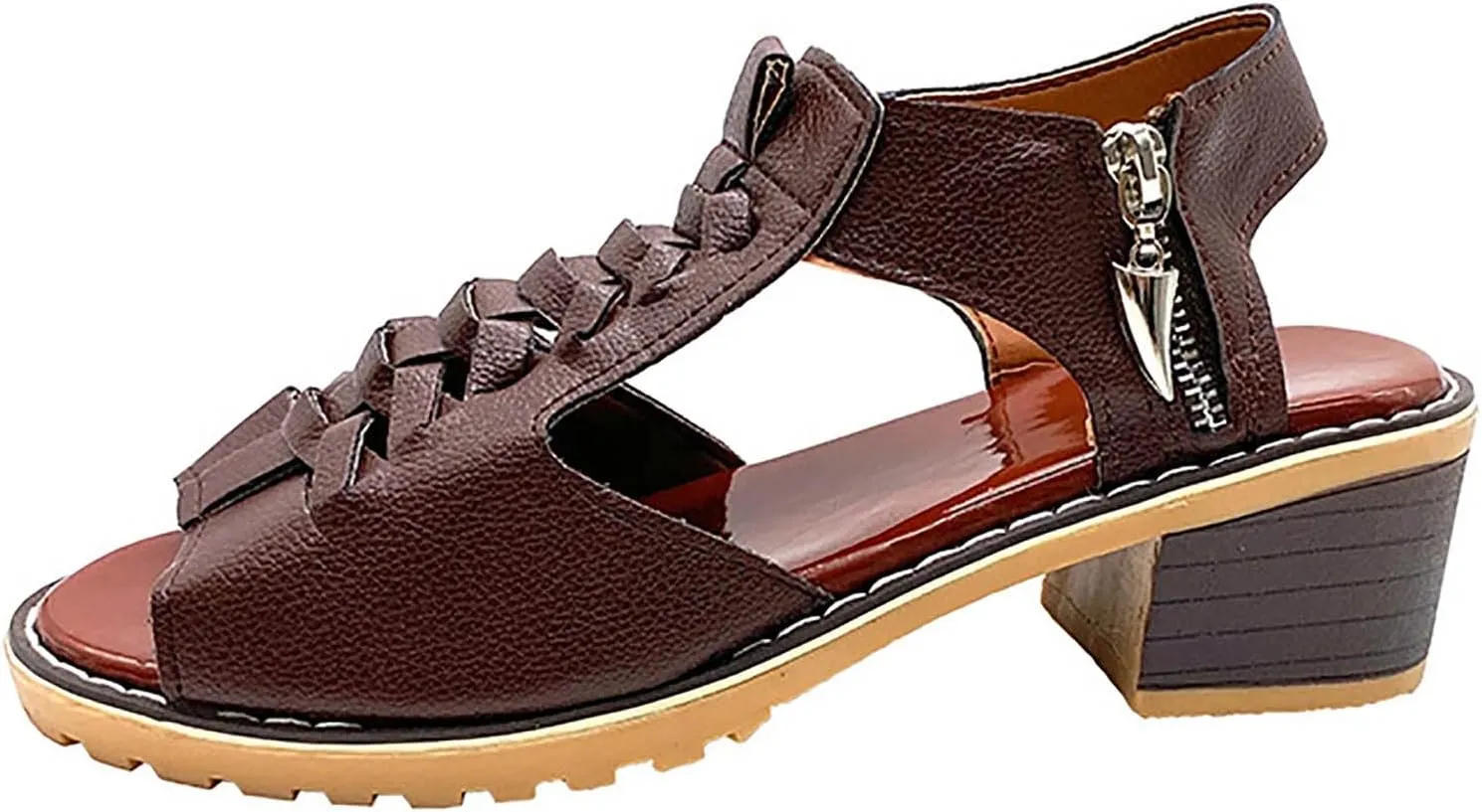 Eduavar Summer Sandals for Women, Women Sandals Dressy Leather Peep Toe Cutout Zipper Chunky Heeled Sandals