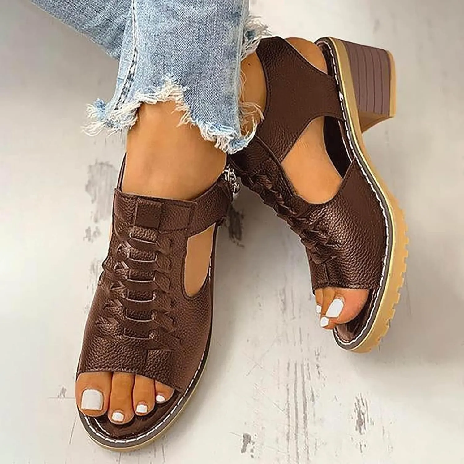 Eduavar Summer Sandals for Women, Women Sandals Dressy Leather Peep Toe Cutout Zipper Chunky Heeled Sandals