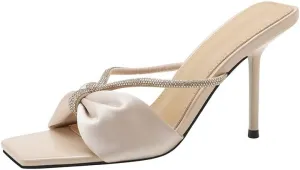 Everyday Women Comfortable Stiletto High Heels Summer Square Open Toe Sandals Luxury Rhinestone Slippers