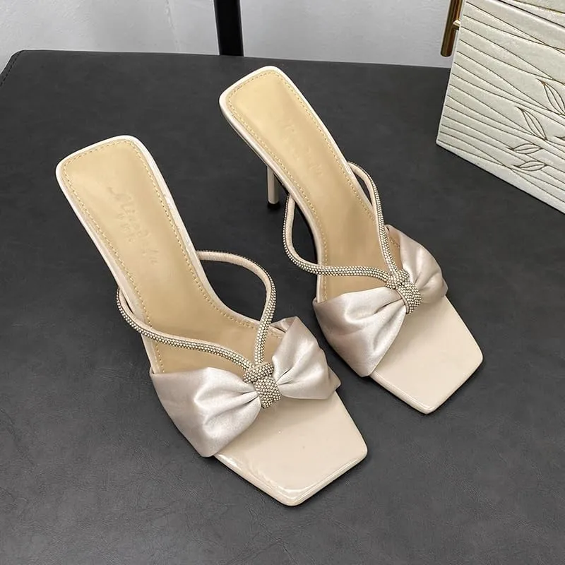 Everyday Women Comfortable Stiletto High Heels Summer Square Open Toe Sandals Luxury Rhinestone Slippers