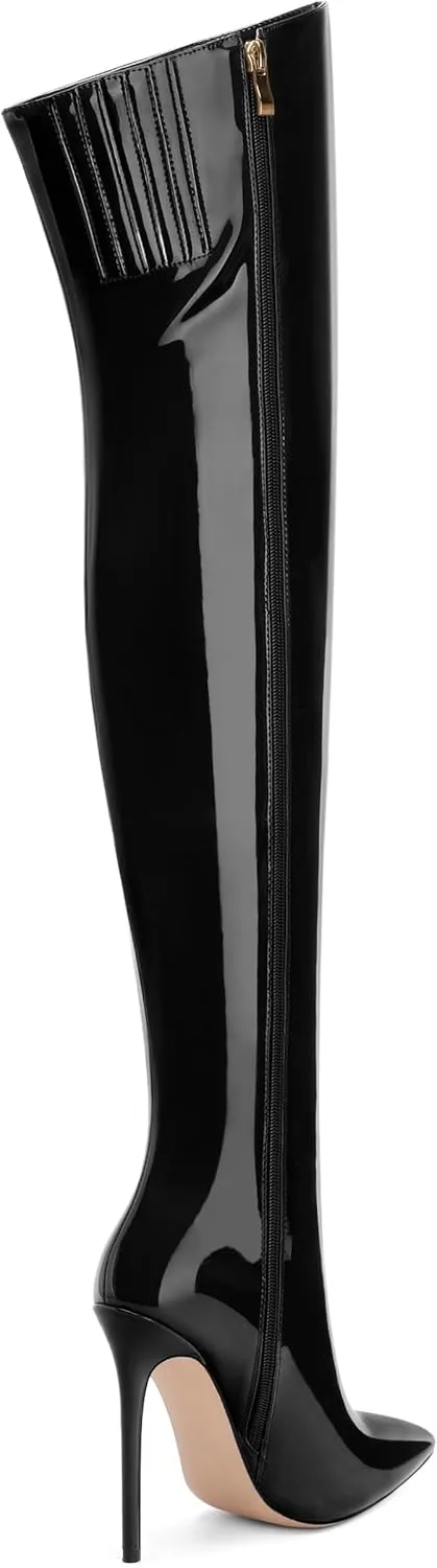 FOGEENA Over the Knee Boots for Women Stiletto High Heel Patent Leather Pointed Toe Zipper 4.7 Inch Thigh High Boots Fashion Sexy Dating Party Fall Winter Boots