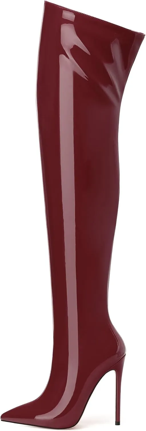 FOGEENA Over the Knee Boots for Women Stiletto High Heel Patent Leather Pointed Toe Zipper 4.7 Inch Thigh High Boots Fashion Sexy Dating Party Fall Winter Boots