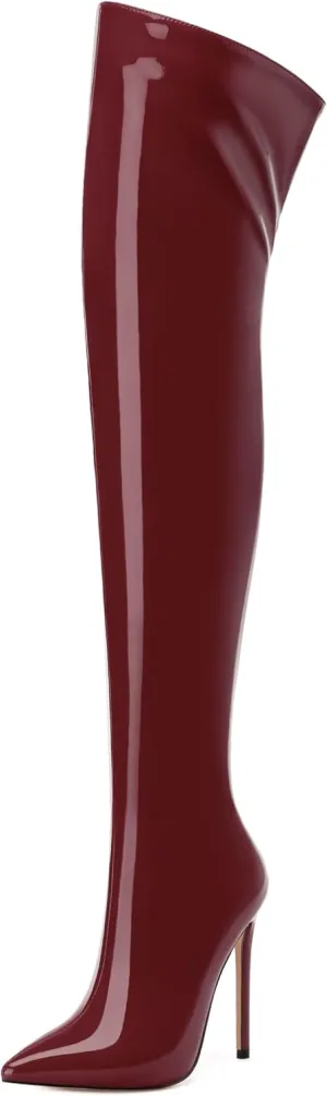 FOGEENA Over the Knee Boots for Women Stiletto High Heel Patent Leather Pointed Toe Zipper 4.7 Inch Thigh High Boots Fashion Sexy Dating Party Fall Winter Boots